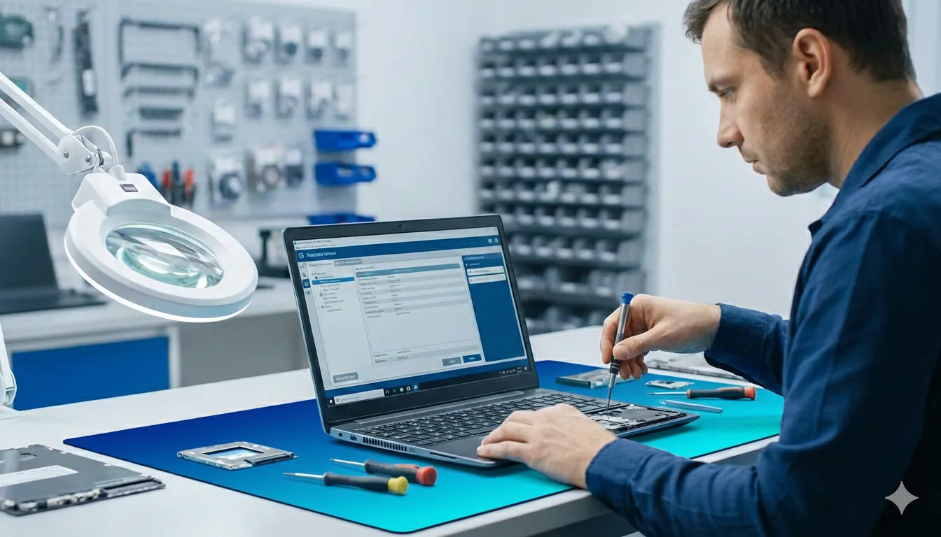 Expert laptop diagnostics engineer at work